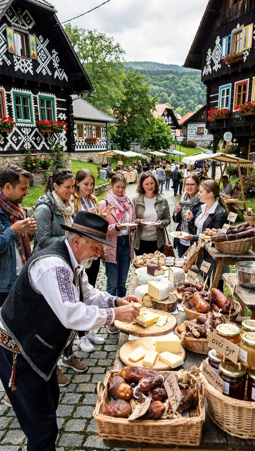 A vibrant outdoor market in Slovakia showcasing fresh local produce and artisan goods.