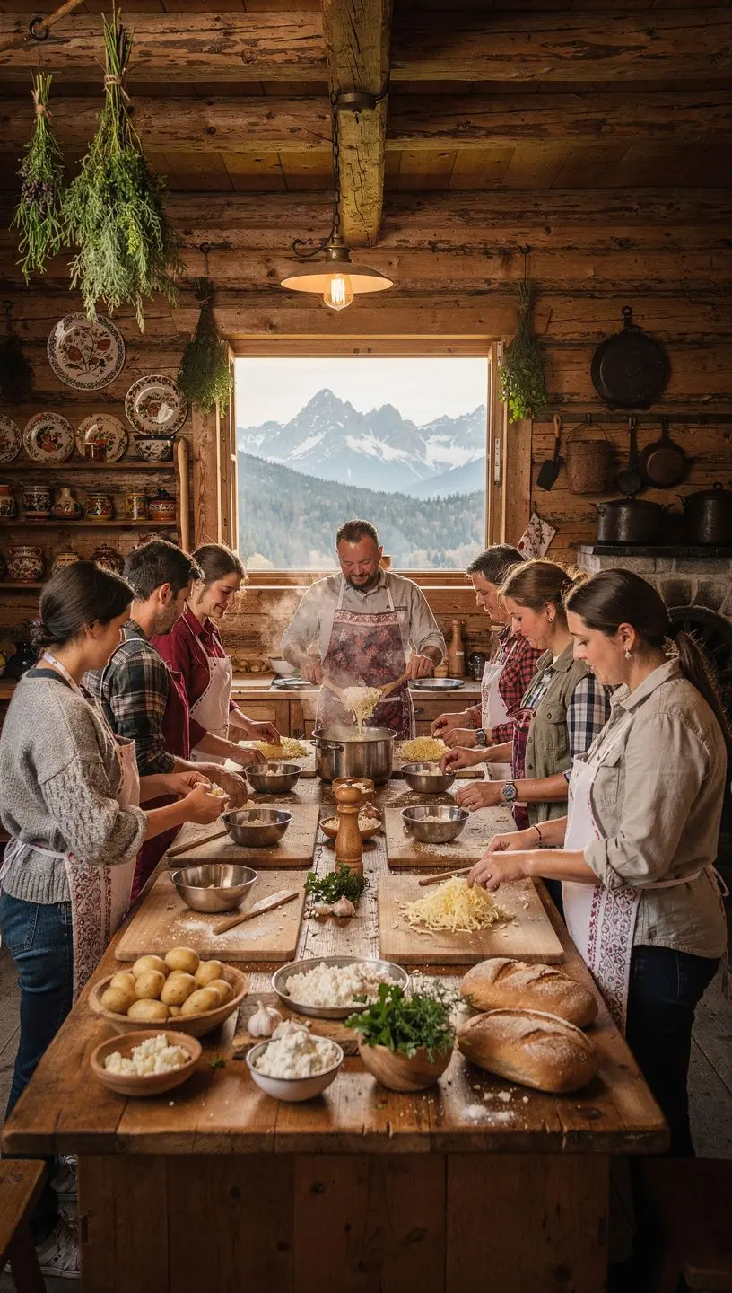 A scenic view of a historic Slovak village, with vendors offering handmade crafts and souvenirs.